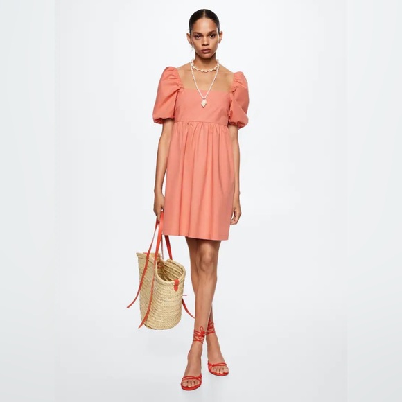NWT Mango Miri Puffed Sleeve Mini Dress - Coral Pink 100% Cotton - Size XS - Picture 2 of 16